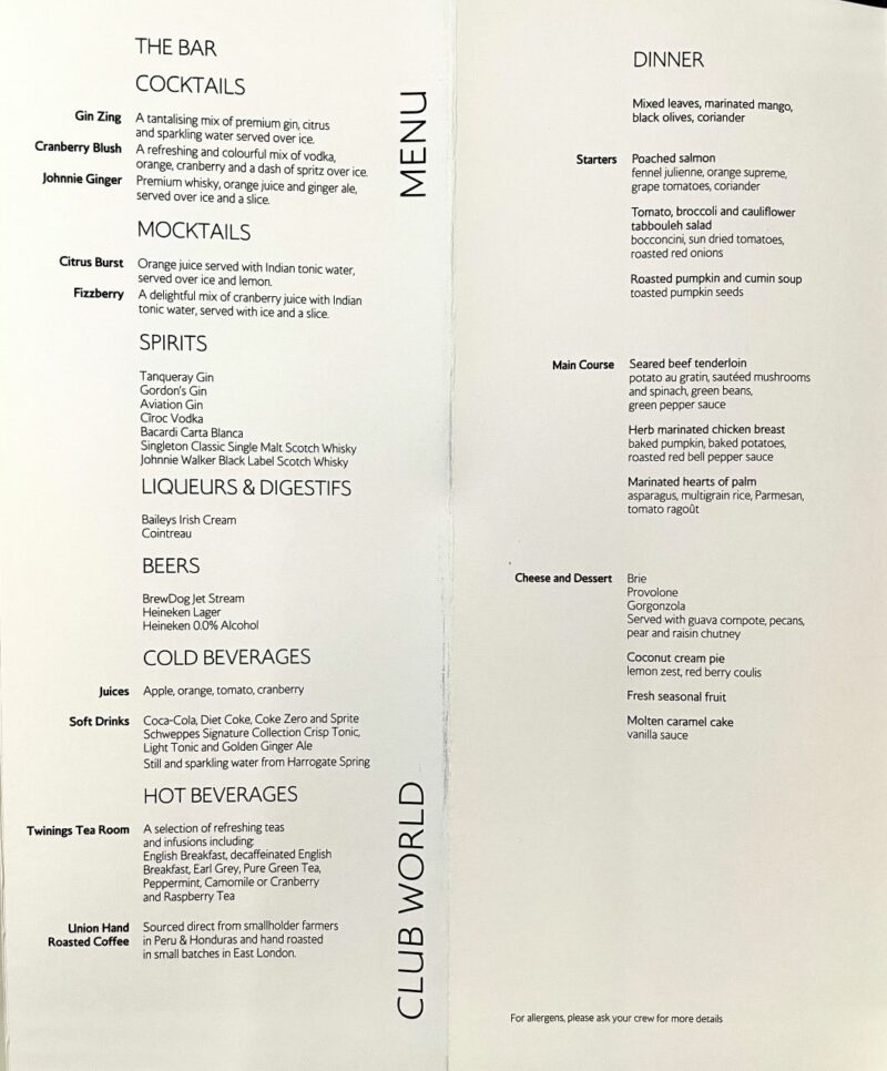 The Bar Menu in BA Club World 