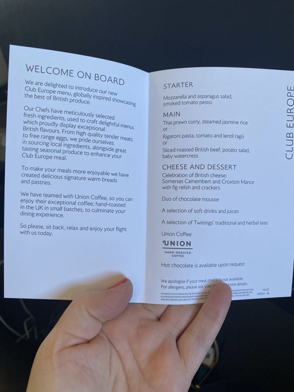 British Airways A320 Neo Club Europe Starter Menu