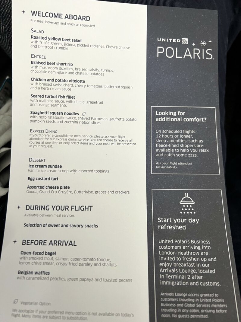 United Airlines B787-9 Business Class Menu 