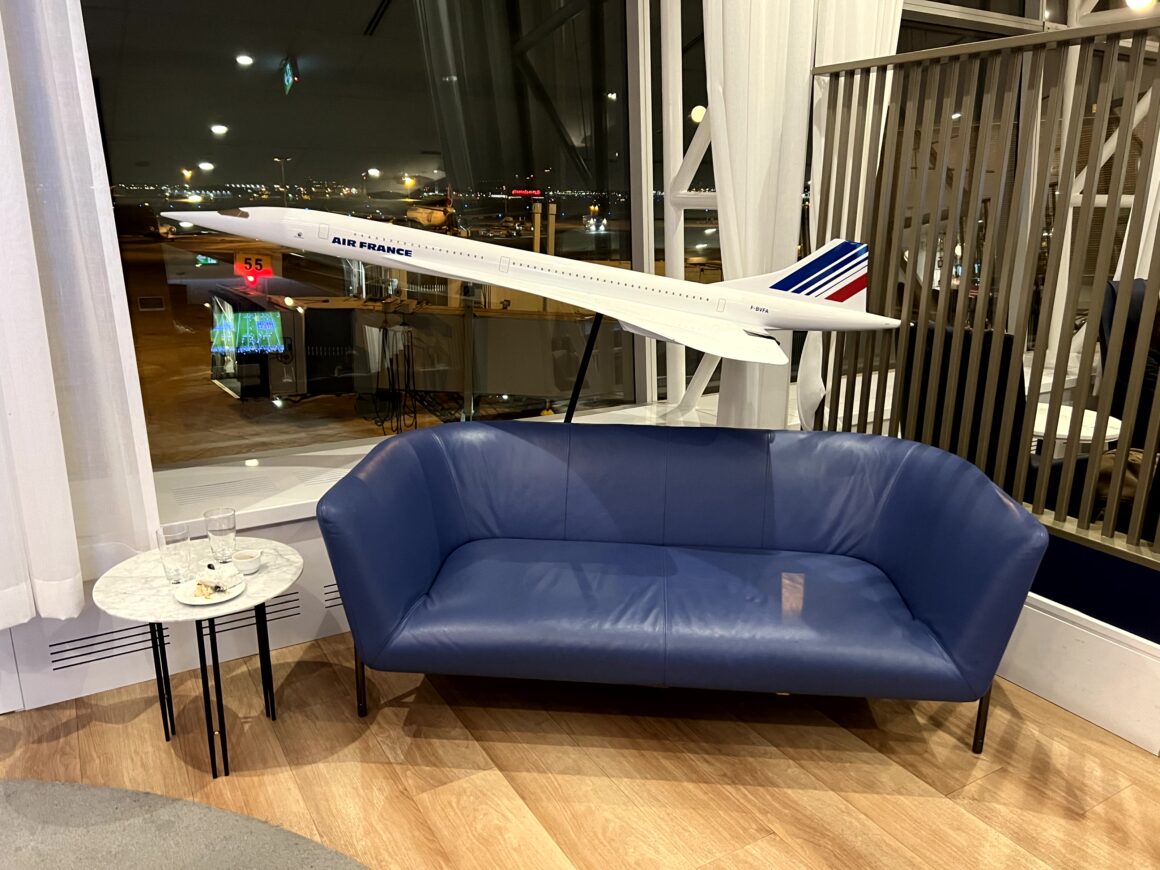 Blue sofa at Air France's new lounge at Montreal Airport