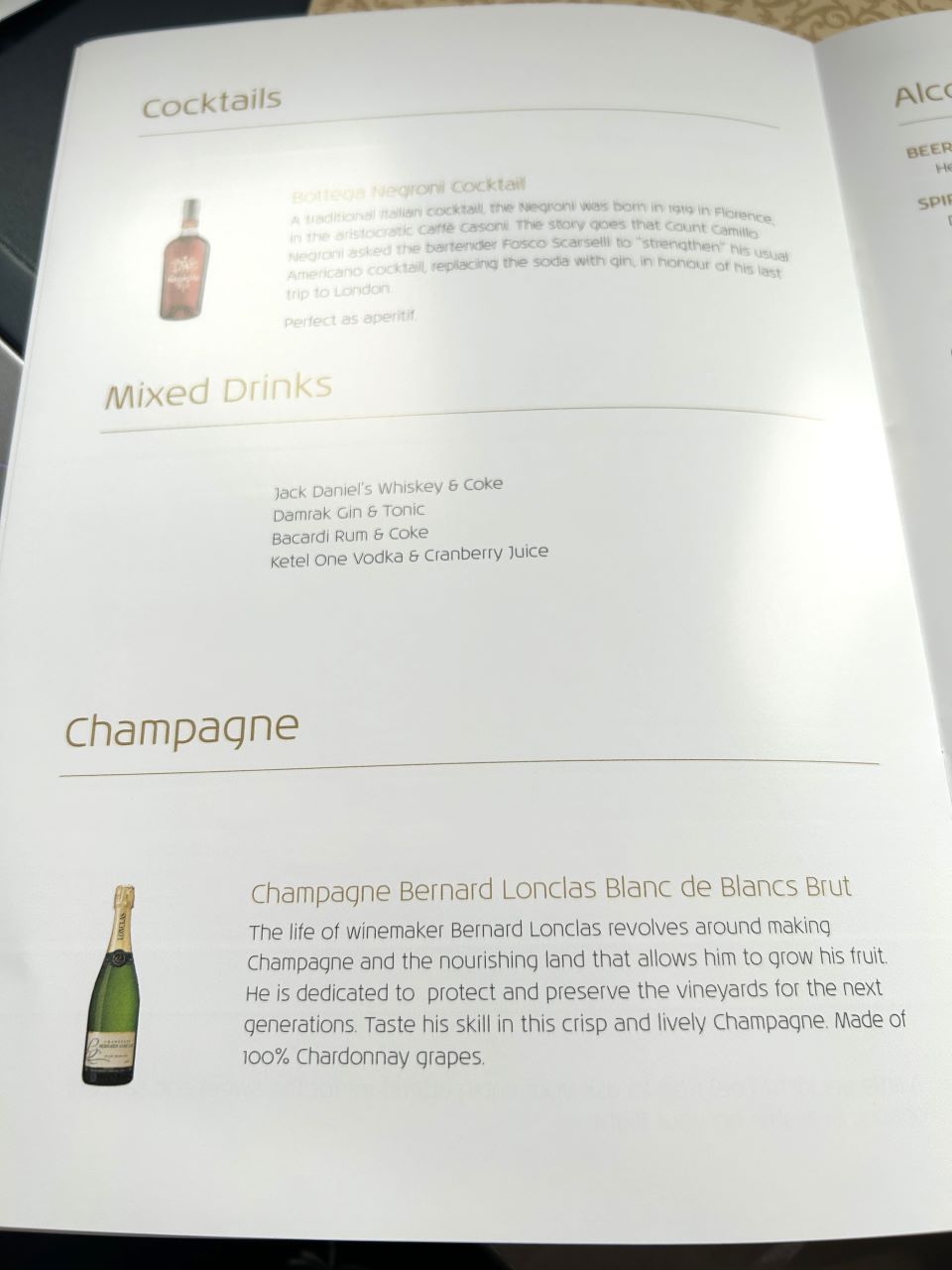 KLM Business Class Cocktails Menu