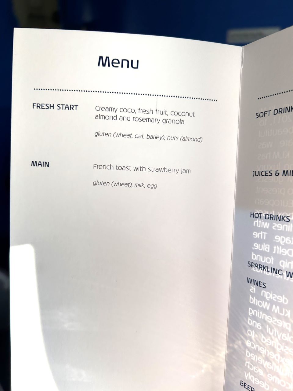 KLM Business Class Menu