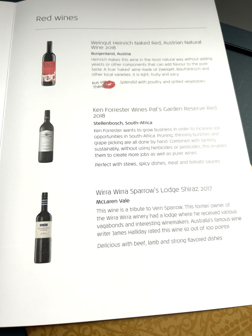 KLM Business Class Red Wine Menu