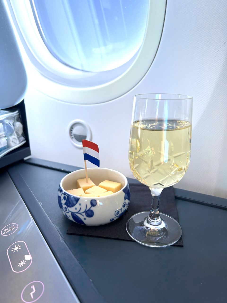 KLM Business Class champagne and cheese