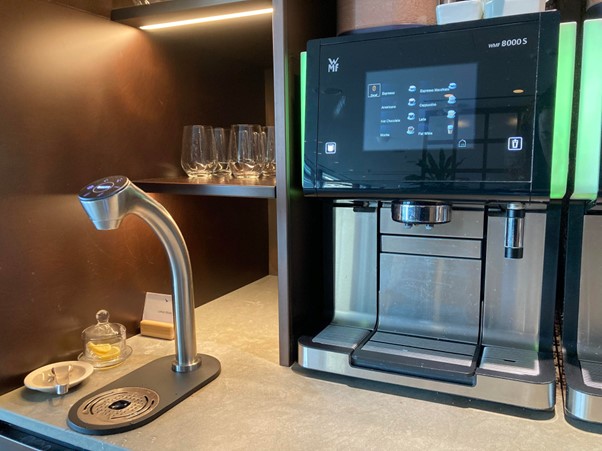 coffee machine, cathay pacific lounge heathrow terminal 3