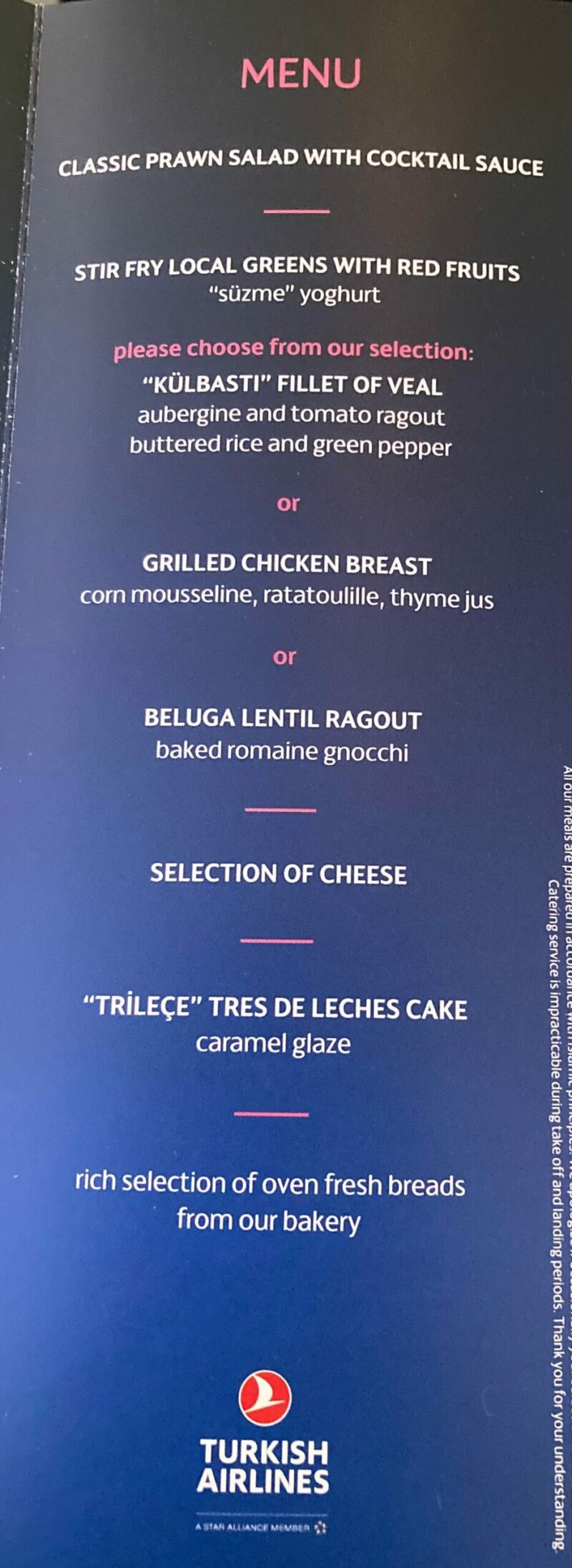 turkish airlines, business class menu