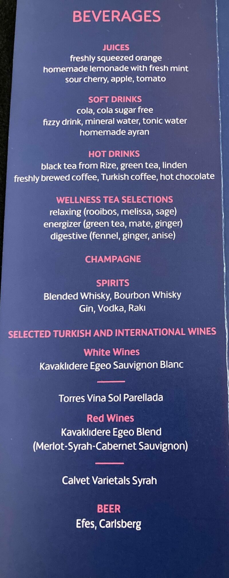 drinks menu, turkish airlines business class