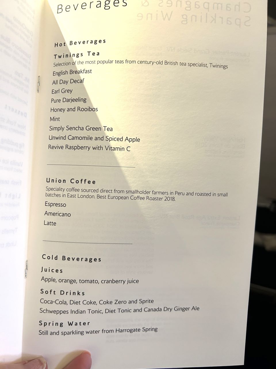 British Airways First Class Beverage Menu