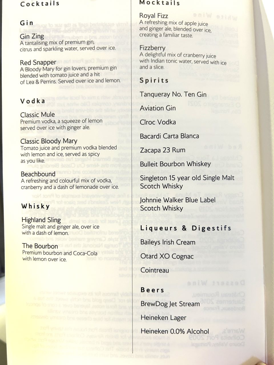 British Airways First Class Cocktail Menu