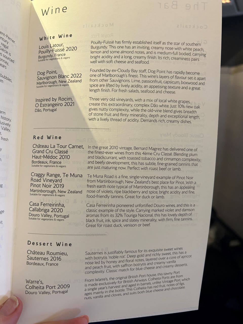 British Airways First Class Wine Menu