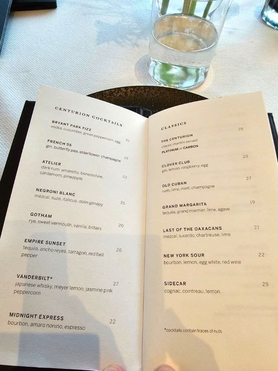 Cocktail Menu at Centurion lounge NYC