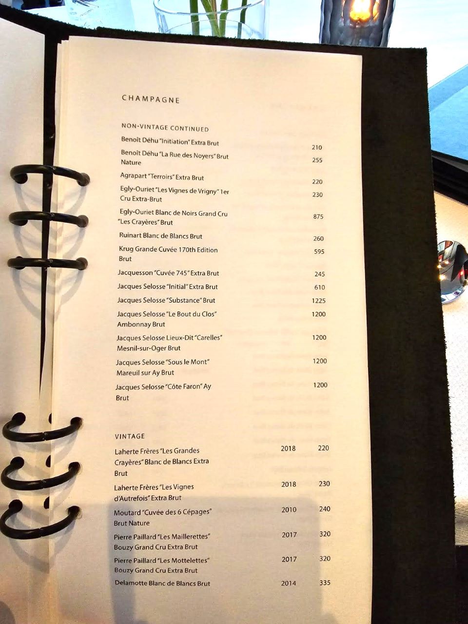 Non Vintage Champagne Menu