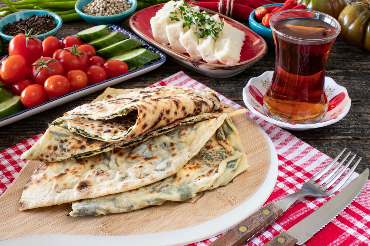 Turkish Airlines /Traditional Turkish food, Turkish pancake gözleme with cheese and herb