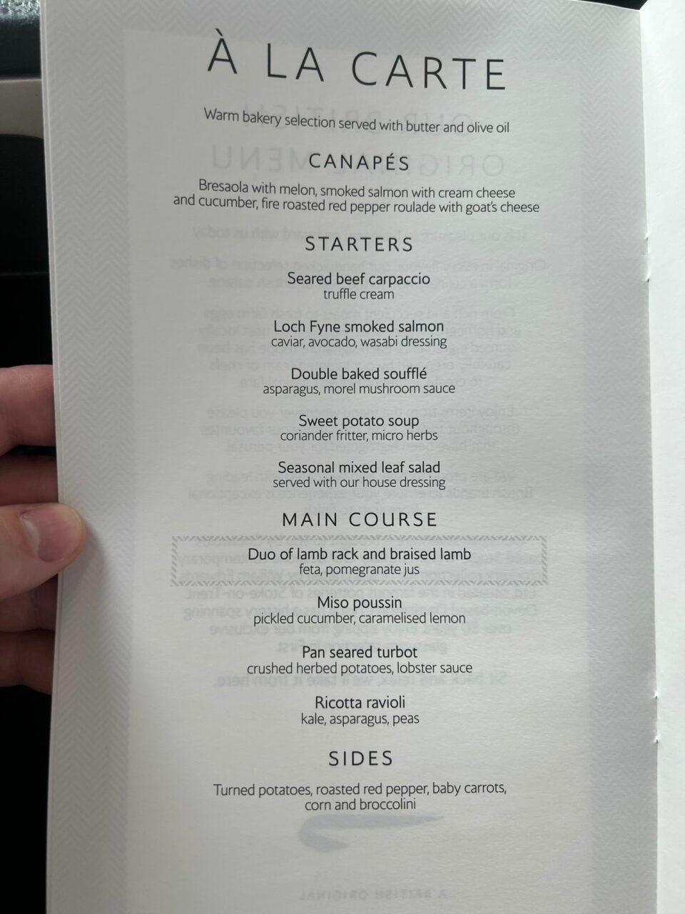 Flying British Airways First Class Menu