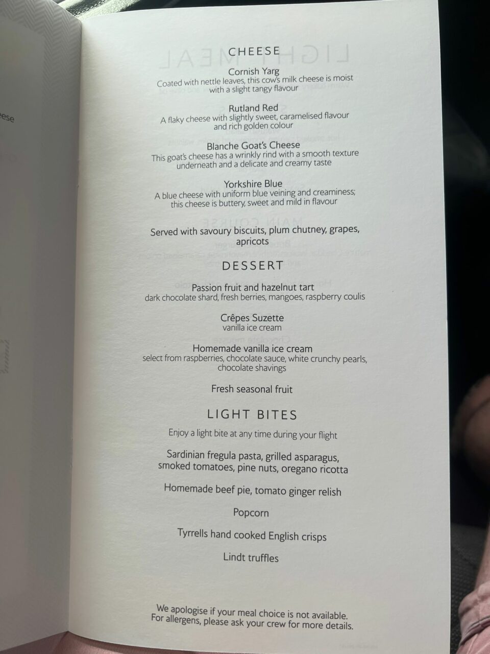 Flying British Airways First Class Menu