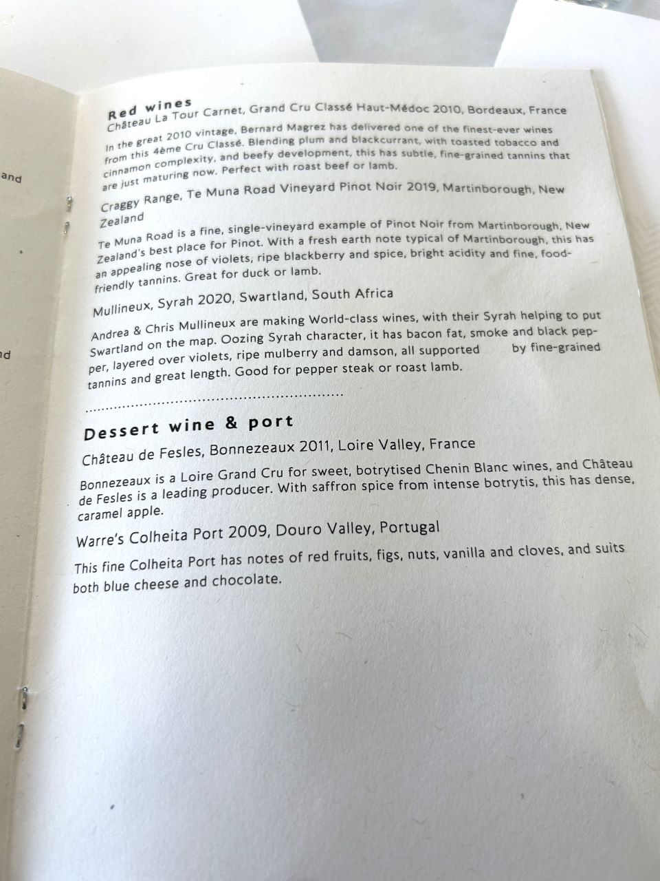 British Airways First Class Dining Alcohol Menu