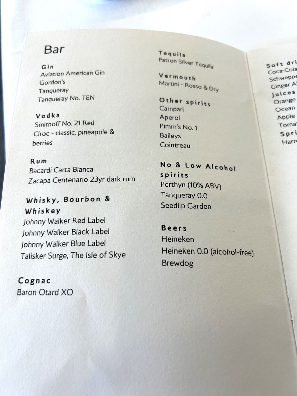 British Airways First Class Dining Bar Menu