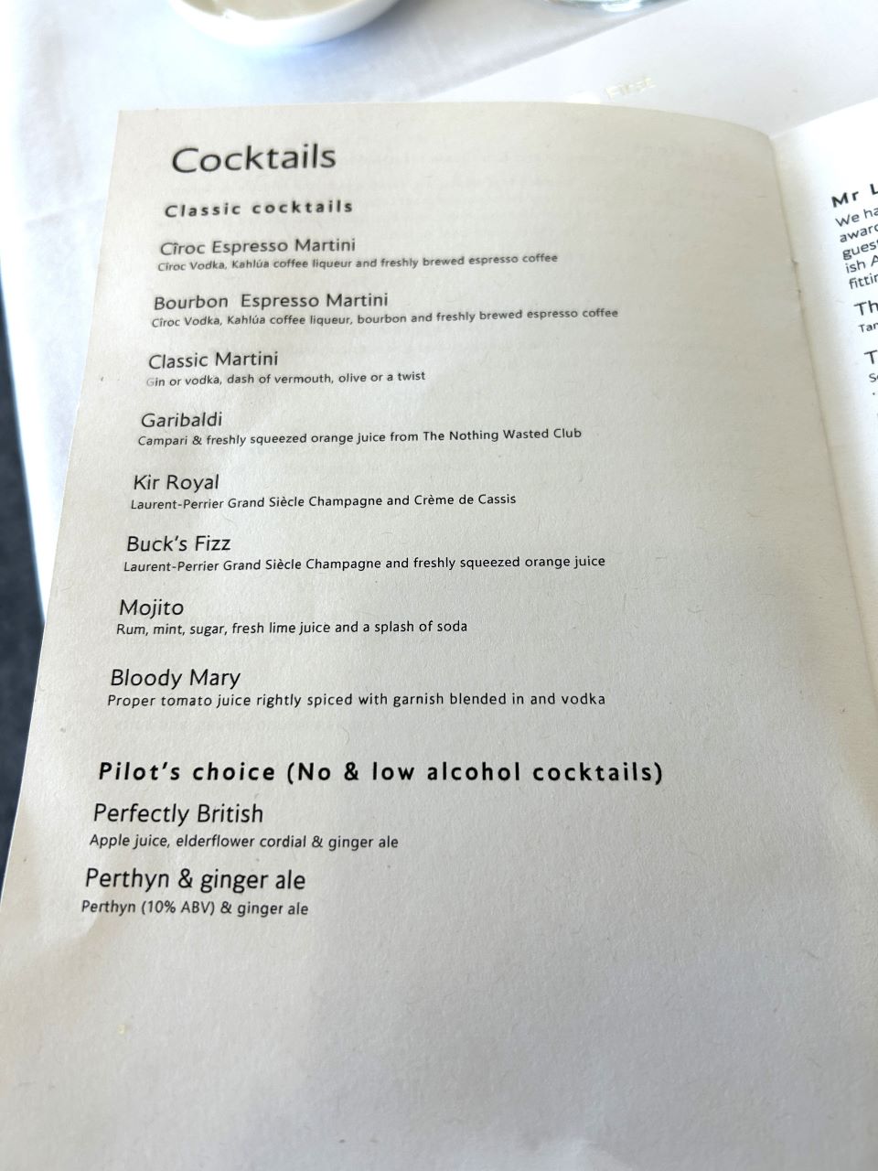 British Airways First Class Dining Cocktails Menu