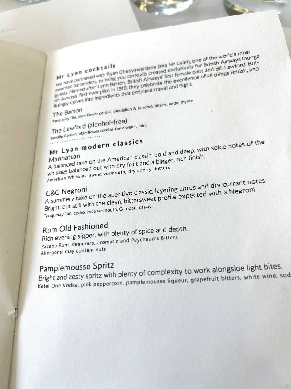 British Airways First Class Dining Cocktails Menu 2