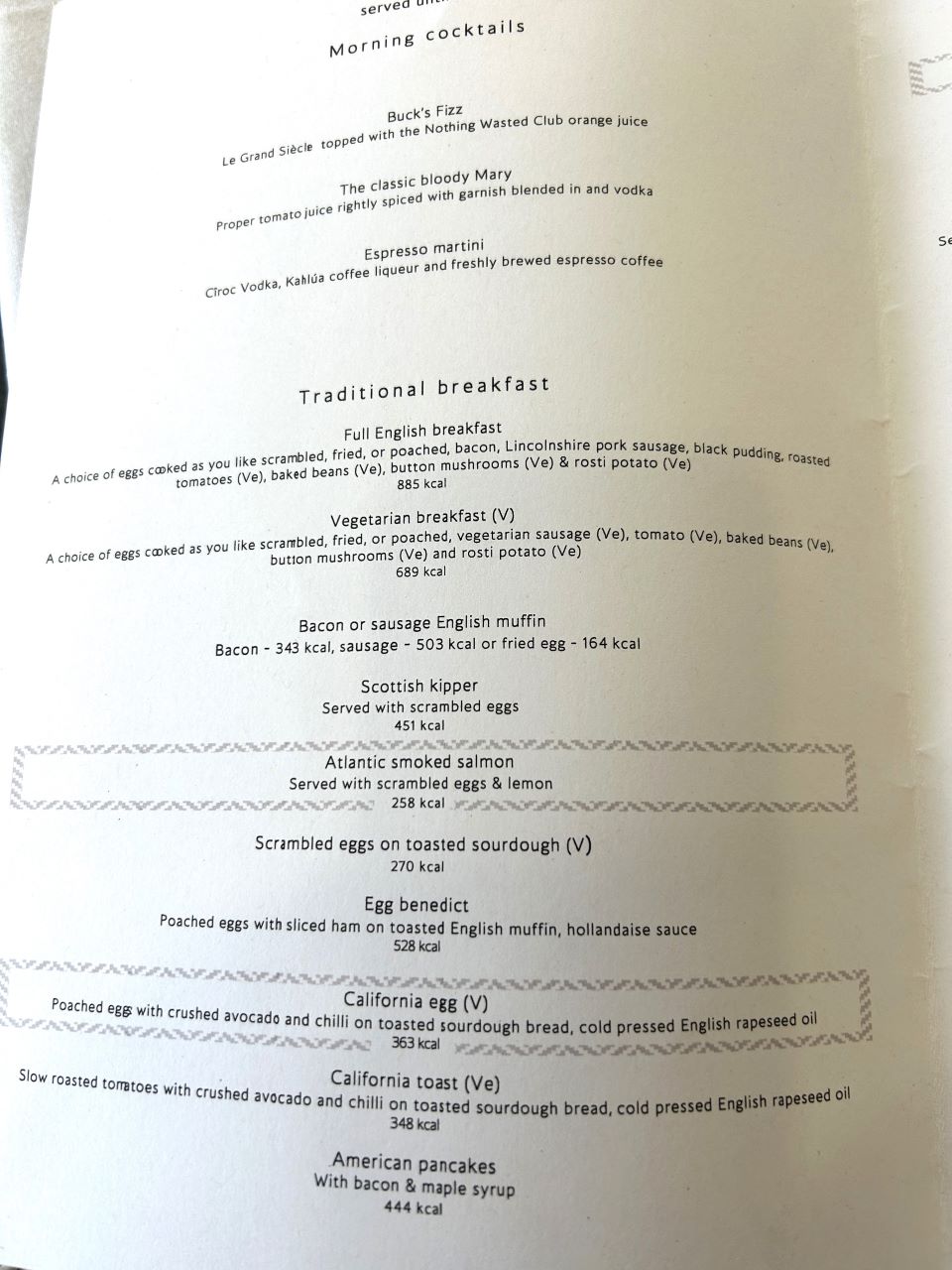 British Airways First Class Dining Traditional Breakfast Menu