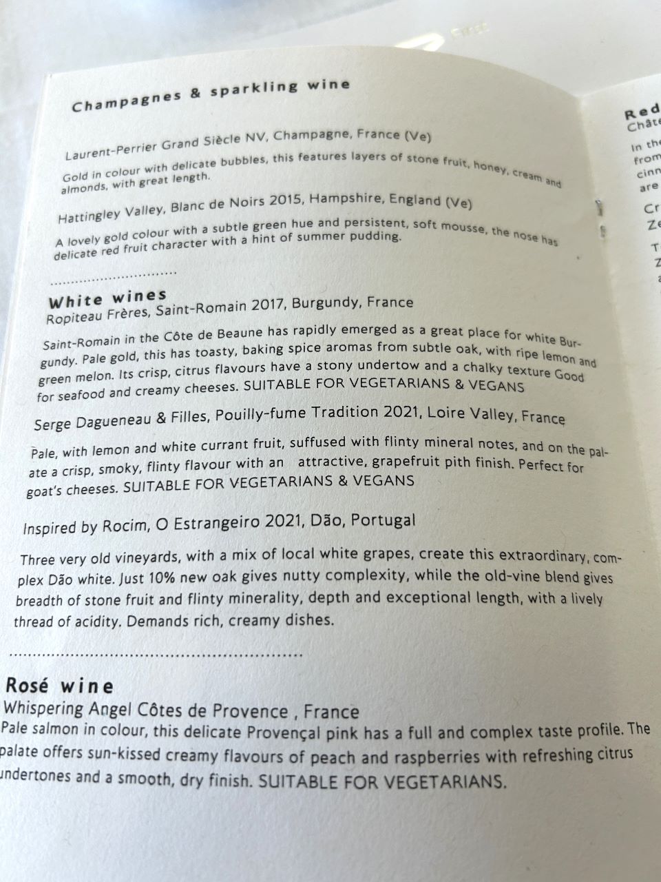 British Airways First Class Dining Wine Menu