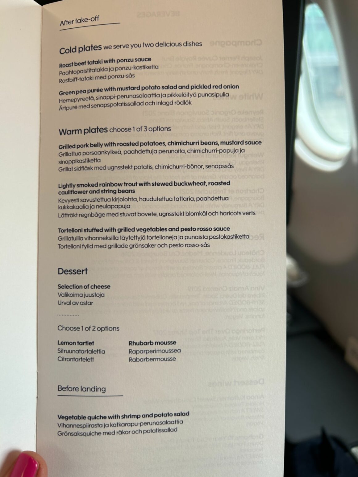 Finnair A330 new business class menu