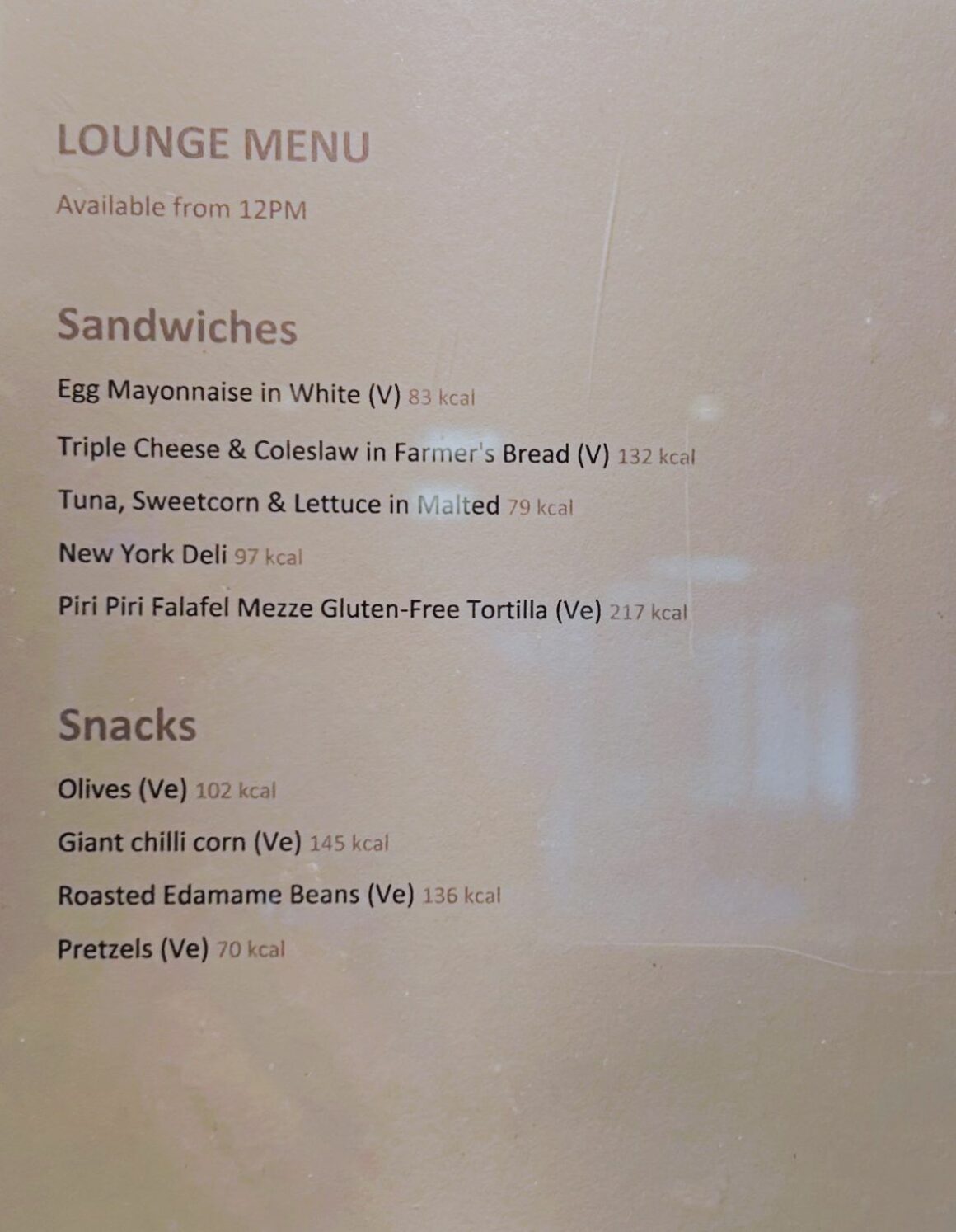 British Airways Lounge Glasgow Menu 