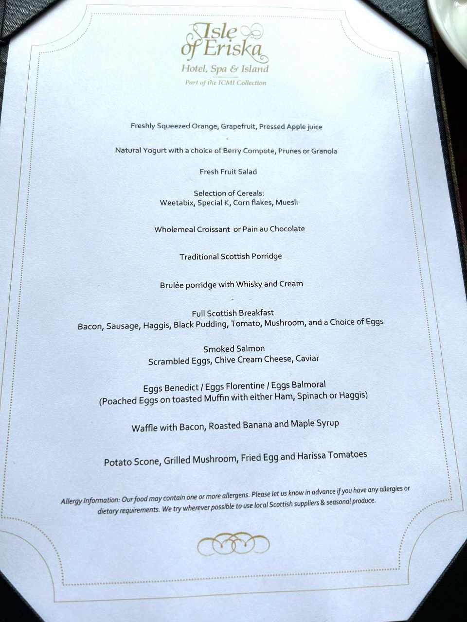 Isle of Eriska Menu