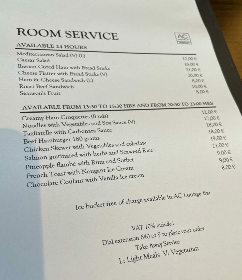 ac Marriott alicante room service menu