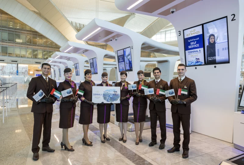 Etihad Airways Cabin Crew celebrate Terminal A, at check in