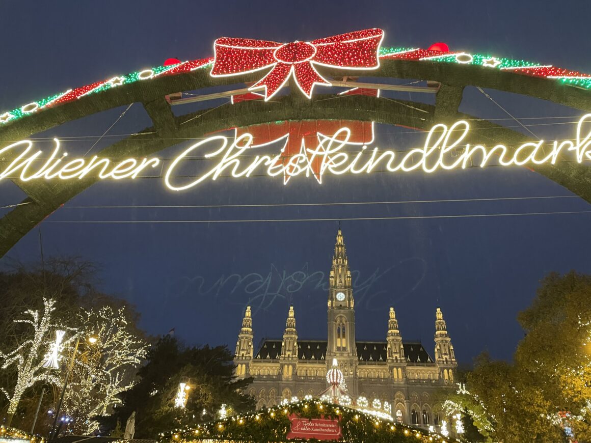 vienna, Vörösmarty Square Christmas Market entrance, night in Vienna